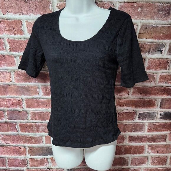 A New Day Black Textured Elbow Sleeve Top | Scoop Neck Midweight Tee Size Small - Picture 1 of 5